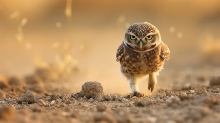 a small owl standing on top of a pile of dirt next to a pile of dirt and a pile of rocks.