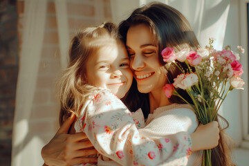 Mother and Daughter Enjoying Pink flowers Together, A joyful moment as a smiling mother and daughter embrace, surrounded by a beautiful bouquet of pink flowers, expressing love and family warmth.