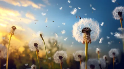Fotobehang Dandelions blowing in the wind with the sun shining on them,, Heavenly Whimsy PixarStyle Background with a Group of Dandelions  © Abdul
