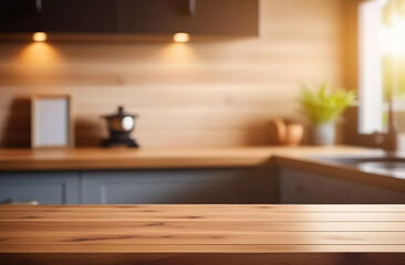 Empty wooden table top counter near a big window. Wood tabletop over defocused kitchen background. Trendy stylish desk space for product presentation, blur light modern cooking interior. Ai Generated
