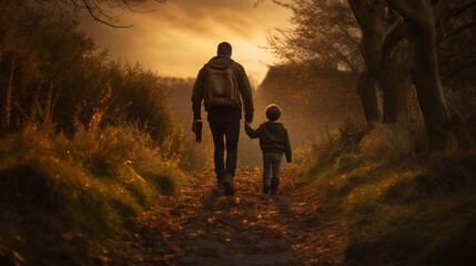 Fototapeta na wymiar Father and son enjoying a stroll in the serene outdoors