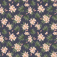 Floral Oleander pastel pink flowers watercolor seamless pattern on dark blue background for spring women and girl apparel designs and fabrics