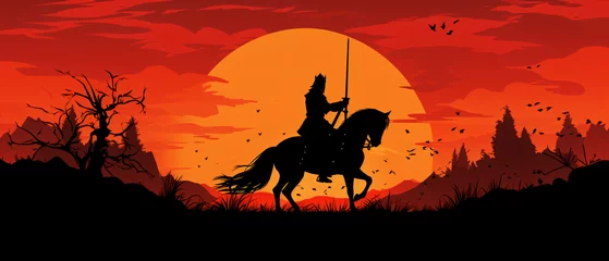 Fototapeten Vector silhouette of a medieval knight on horse. © Ashley