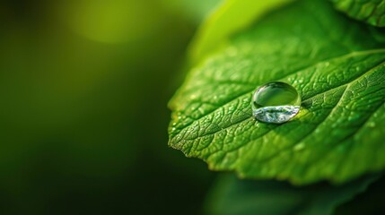 a close up of a green leaf with a drop of water on the end of the leaf and a blurry background.