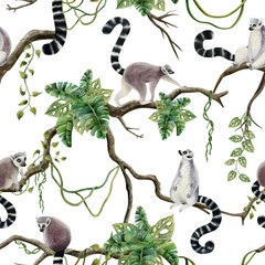 Lemurs on jungle trees with tropical leaves and vines watercolor seamless pattern with Madagascar cute tropical monkeys on branches © Elena Malgina