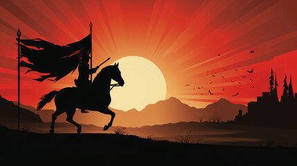 Vector silhouette of a medieval knight on horse.