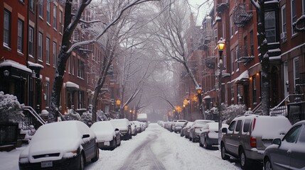 a snowy street with cars parked on the side of it and a street light in the middle of the street.