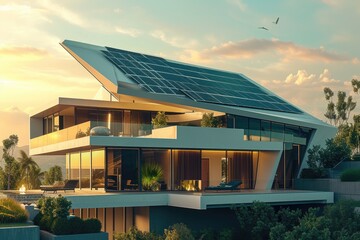 futuristic generic smart home with solar panels rooftop system for renewable energy concepts as wide banner with copyspace area