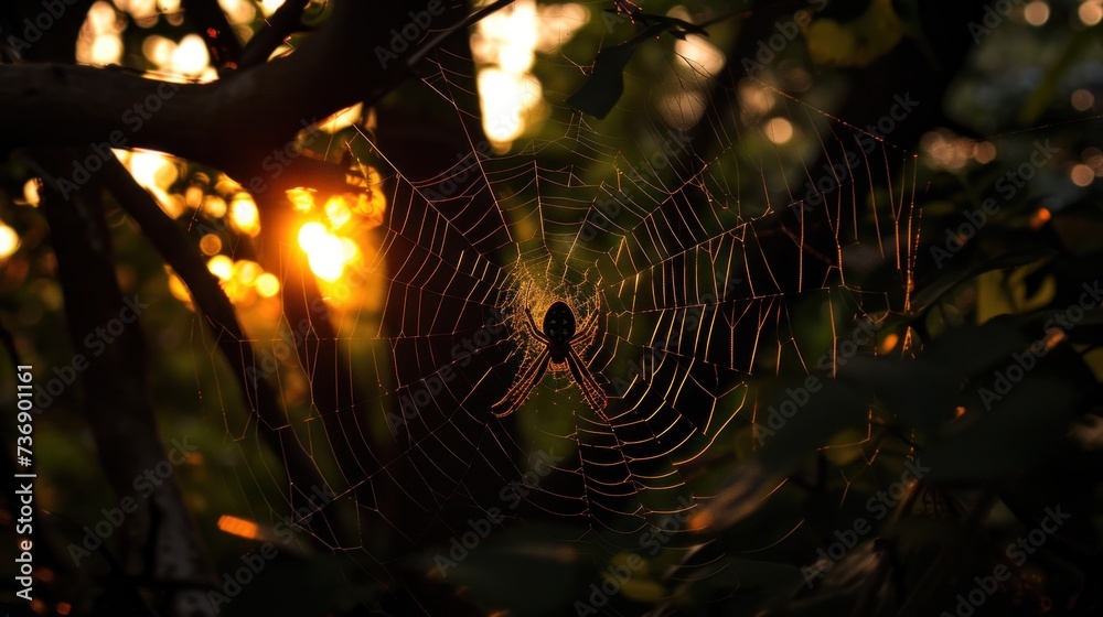 Wall mural a close up of a spider's web in a tree with the sun setting in the distance behind it.