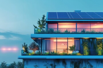 futuristic generic smart home with solar panels rooftop system for renewable energy concepts as wide banner with copyspace area