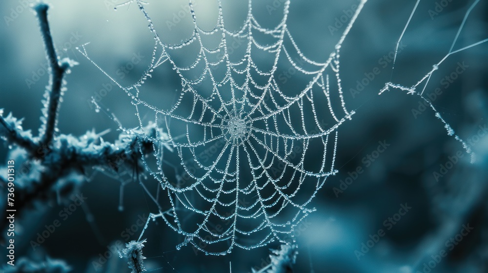 Sticker a close up of a spider web with drops of dew on the top of the spider web, with a blurry background.