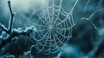a close up of a spider web with drops of dew on the top of the spider web, with a blurry background.
