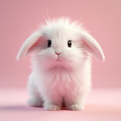 American fluffy lop-eared rabbit on a pink background. cute bunny. 3d.