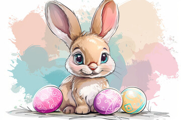 Easter bunny and colored eggs. cute rabbit. contour illustration for a greeting card, pastel colors. Easter concept.