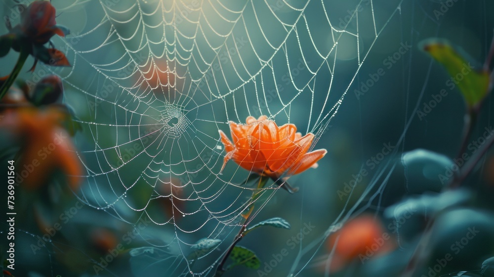 Wall mural a close up of a spider web with an orange flower in the center of the web with water droplets on it.
