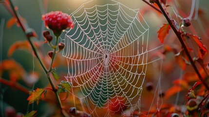 a close up of a spider web on a plant with a red berry in the foreground and a blurry background.