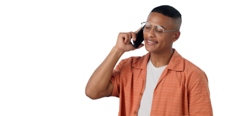 Smile, networking and gen z man with phone call for communication isolated on transparent png background. Discussion, connect or person with smartphone for online chat, conversation or website.