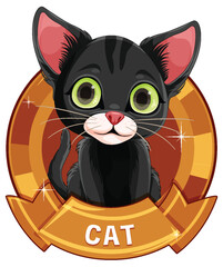 Adorable cartoon kitten inside a shiny emblem