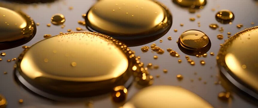 Golden liquid with micro bubbles as it slowly slides down on the black surface.