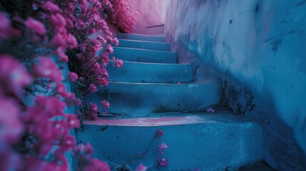 a set of blue stairs with pink flowers growing on the side of it and a light at the end of the stairs.