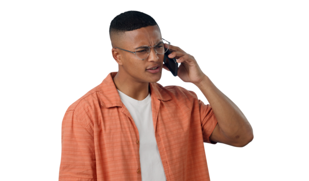 Man, confused and phone call for communication, connection and doubt for news. Male person, question and internet for conversation and talking, networking and isolated on transparent png background