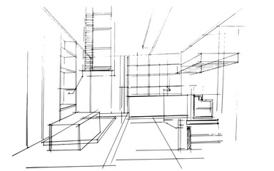 Drawing exterior and interior architectural lines. , Graphic assembly in architecture and interior design work. ,Sketch ideas for interior or exterior designs.