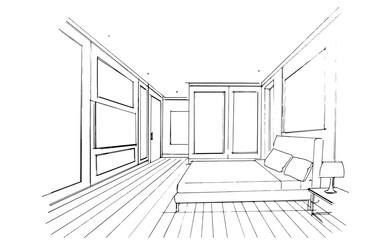Bedroom interior design sketch. , Graphic assembly in architecture and interior design work. ,Sketch ideas for interior or exterior designs.