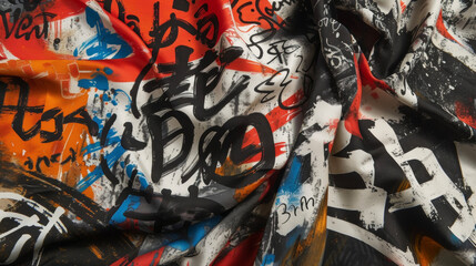 A silk scarf featuring a blend of Chinese calligraphy and graffiti art representing the merging of Eastern and Western street cultures.