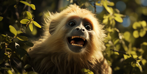 Naklejka premium funny monkey in the forest. 3d rendering, 3d illustration.Portrait of a cute monkey in the forest. Animal portrait.