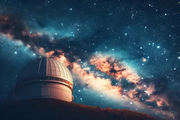 Foto op Canvas High-quality stock image of a space observatory under the starlit sky, dome open, telescope peering into the cosmos, symbol of human curiosity. © JewJew