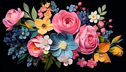 Colorful flower bouquet on black background. Top view. Flat lay.