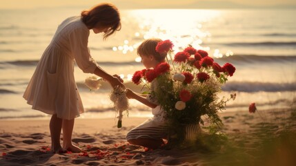 Tender gesture: child gifts flowers to mom in mother's day tribute