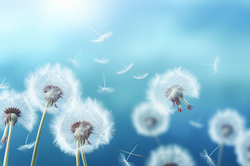 Dandelion seeds floating freely in the wind, against a French blue background, a breath of nature, AI Generative.