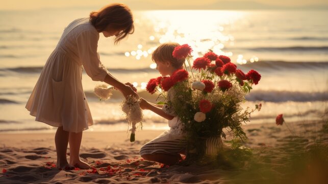 Tender gesture: child gifts flowers to mom in mother's day tribute