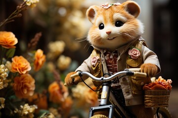 stylist and royal Cute cartoon animal character image of a cheetah riding a bicycle with flowers in a basket - obrazy, fototapety, plakaty