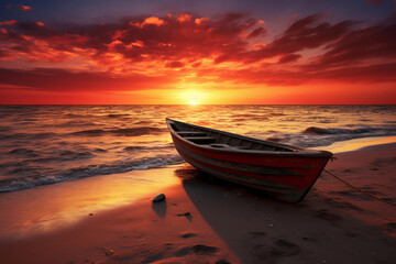 A solitary boat against a fiery sunset sky captures the peaceful end of a day at sea, AI Generative.