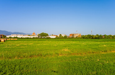 Fototapeta na wymiar Pisa, Italy. The city is in the distance from the field. Drone shadow on the grass. Aerial view