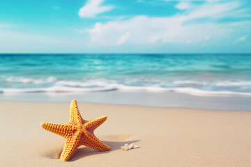 Fototapeta na wymiar Starfish on a sandy beach with azure waters, captured with AI Generative precision.