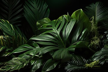stylist and royal Dark green tropical leaves colorful neon light, backlight, leaves composition, plant background,