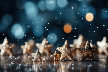 stylist and royal Defocus Christmas stars lights with falling snow, snowflakes, Winter and new year...