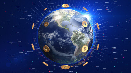 Naklejka premium Digital Earth Covered By Bitcoin Crypto Currency With Shiny Visual Effects - 3D Illustration Render.