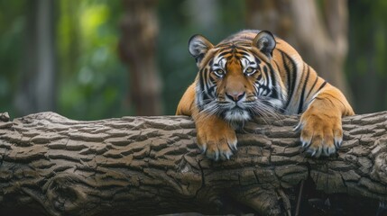 Obraz premium a close up of a tiger on a tree branch with trees in the back ground and trees in the background.