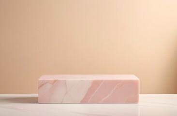 Marble podium. Beige pastel background for cosmetic product. Empty flat showcase display case. Mockup pedestal trendy nude backdrop. Floor platform smooth stage, palm leaf. Natural ad show scene space