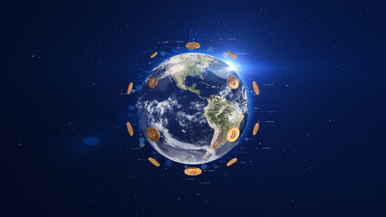 Bitcoin Digital Crypto Currency Rotating Around Earth - 3D Illustration Render.