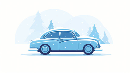Winter storm covered car with snow, flat vector.
