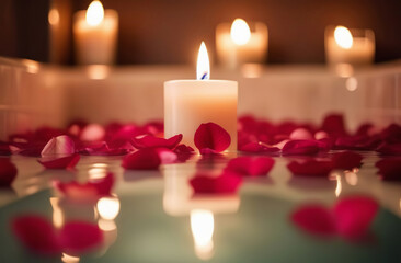 Obraz na płótnie Canvas Rose petals and candle in a bathtub. Valentines day concept. Scented burning candlelight. Beauty water therapy spa wellness. Romantic bath health care relaxation. Luxury bathroom idea for couple night