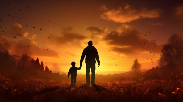 Father and son silhouettes holding hands on meadow at autumn sunset