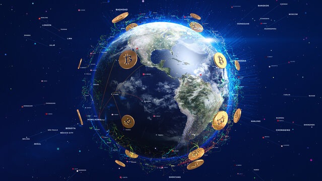 Digital Earth Covered By Bitcoin Crypto Currency With Shiny Visual Effects - 3D Illustration Render.