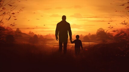 Father and son silhouettes holding hands on meadow at autumn sunset