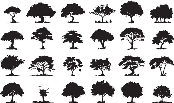 Set of trees in black silhouettes